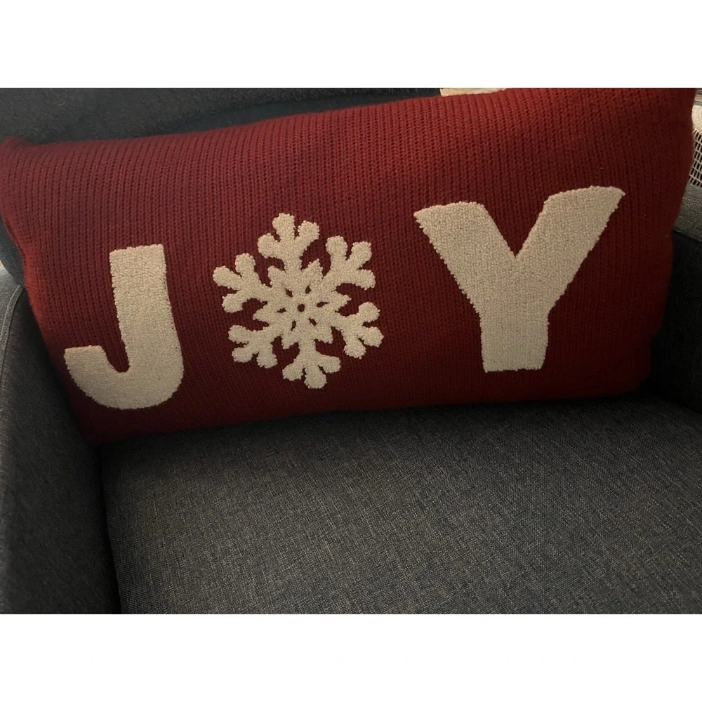 Holiday Red Knit JOY Snowflake Lumbar Decorative Pillow Christmas Home Decor